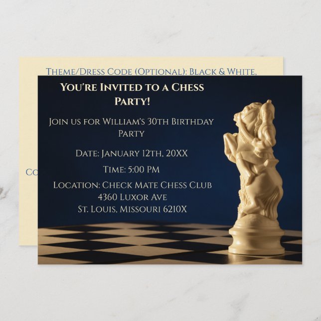 Blue 30th Birthday Party Chess Knight Invitation (Front/Back)