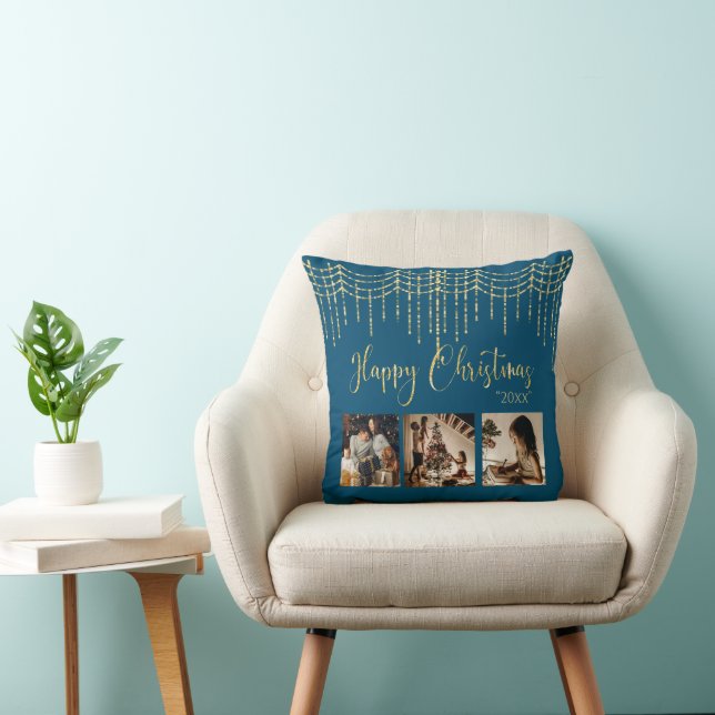 Blue 3 Photo Collage Rustic Garland Lights  Cushion (Chair)