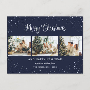 Blue 3 Photo Collage Snow Minimalist Holiday Postcard