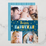 Blue 3 Photo Happy Hanukkah Fun Modern Real Gold Foil Holiday Card<br><div class="desc">“Happy Hanukkah.” Fun, playful, whimsical handcrafted real gold foil and light blue typography, a random gold foil Star of David pattern, and midnight navy blue hand drawn lines overlay a dark teal blue background. Add 3 photos of your choice to help usher in Hanukkah with this stunning, colourful, personalised real...</div>