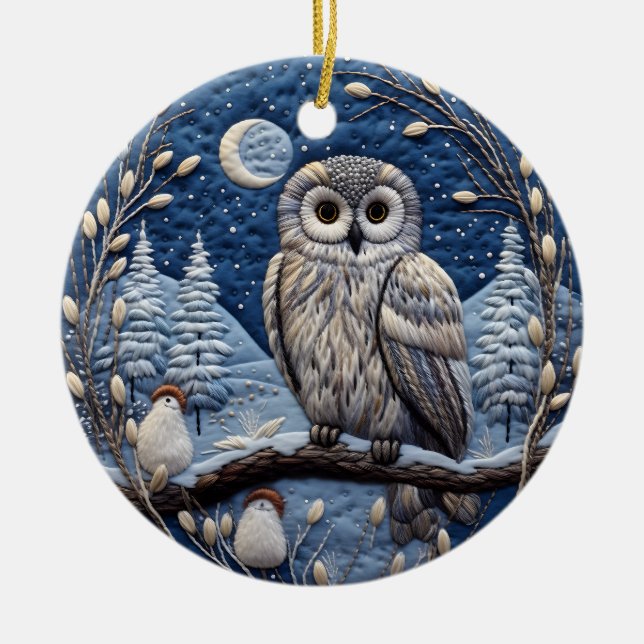 Blue 3D Chirstmas Cute Owl Animal  Ceramic Ornament (Front)