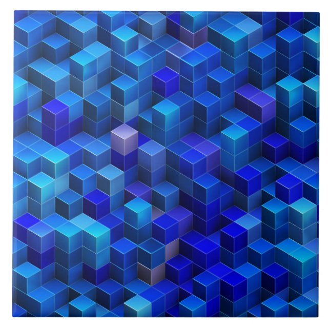 Blue 3D cubes abstract geometric pattern Ceramic Tile (Front)