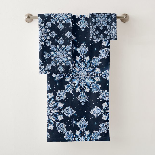 Blue 3d snowflakes bath towel set (Insitu)
