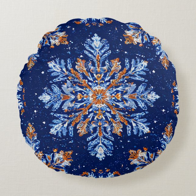 Blue 3d snowflakes round cushion (Front)