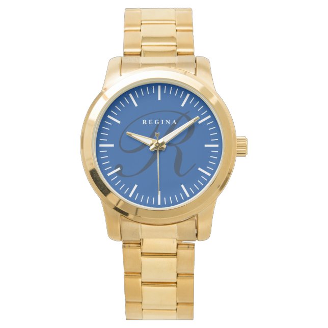 Blue 40 mm dial face custom monogram gold luxury watch (Front)