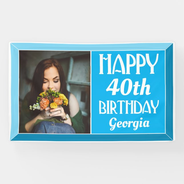 Blue 40th Art Deco Beveled Photo Birthday Banner (Horizontal)