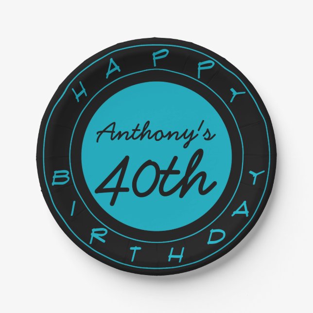 Blue 40th Birthday Party Personalised Paper Plates (Front)