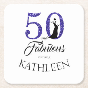 Blue 50 and Fabulous Birthday Party Custom Name Square Paper Coaster