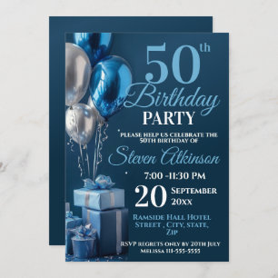 Blue 50th Birthday Balloon Gifts Invitation