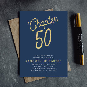 Blue 50th Birthday Gold Script 50 Invitation