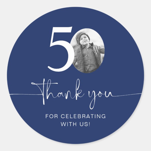 Blue 50th Birthday Thank You Classic Round Sticker (Front)