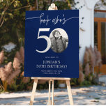 Blue 50th Birthday Welcome Sign | Look Who's 50<br><div class="desc">Welcome guests to your 50th birthday celebration with this stunning editable welcome sign. Featuring a sleek, customizable layout, this template allows you to easily add your own photo and personalize the text, making it a perfect addition to your milestone 50th birthday decor. Ideal for entryways or as a party focal...</div>