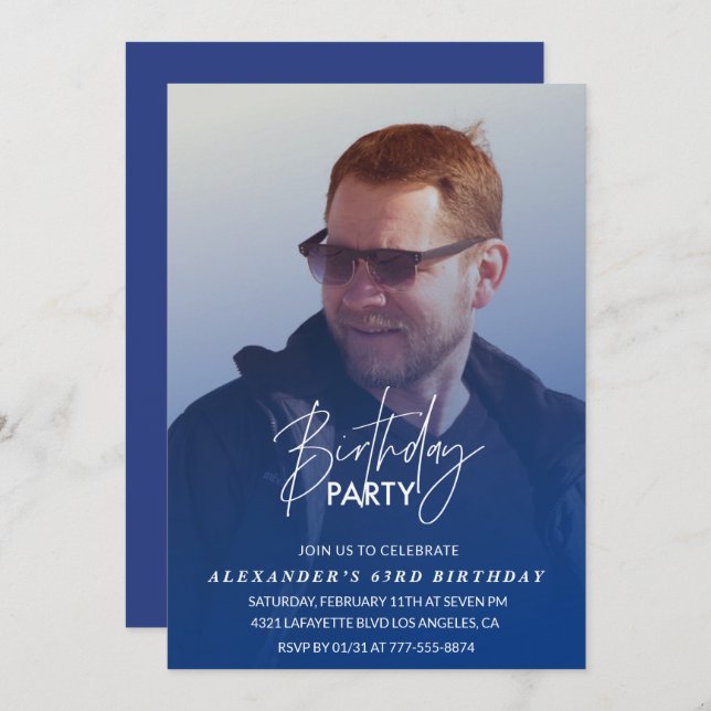 Blue 63rd birthday invitation Birthday party Photo (Front/Back)