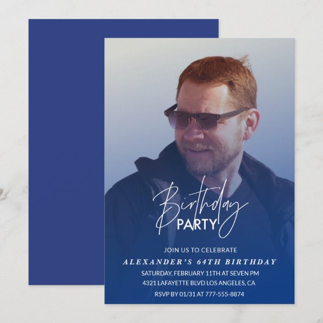 Blue 64th birthday invitation Birthday party Photo (Front/Back)