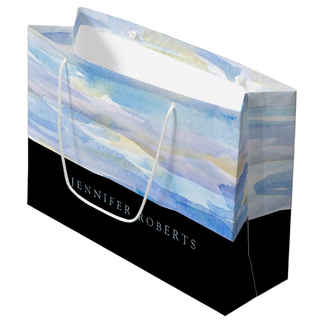 Blue 7 white watercolors strokes pattern large gift bag (Front Angled)