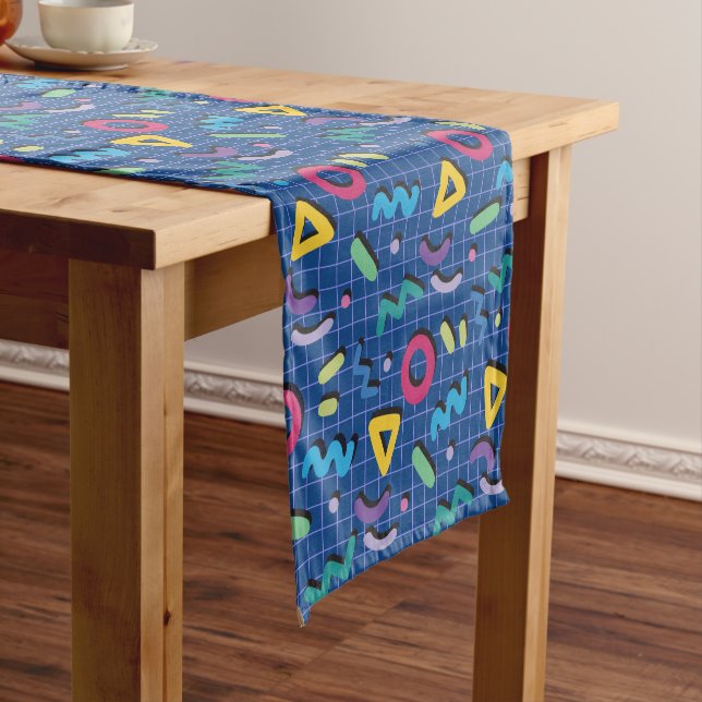 Blue 80s Memphis Pattern Short Table Runner (In Situ)