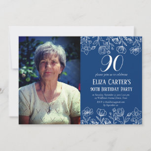 Blue 90th Ninety Floral Elegant Birthday Invitation
