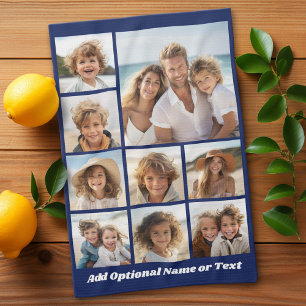 Blue 9 Photo Square Collage - with script white Tea Towel