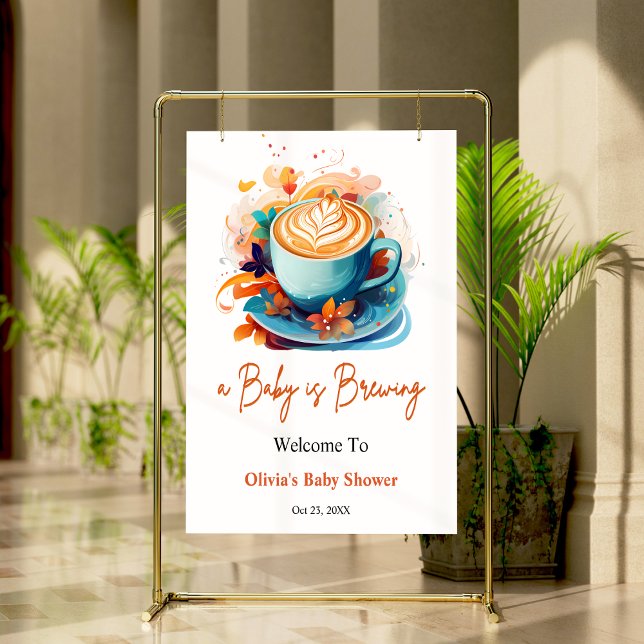 Blue A Baby is Brewing Baby Shower Welcome  Poster (Blue Floral A Baby is Brewing Baby Shower Welcome Sign )