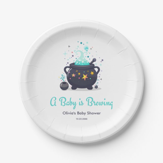 Blue A Baby is Brewing Halloween Baby Shower  Paper Plate (Front)