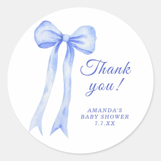 Blue a Bow Baby shower Thank you Classic Round Sticker (Front)