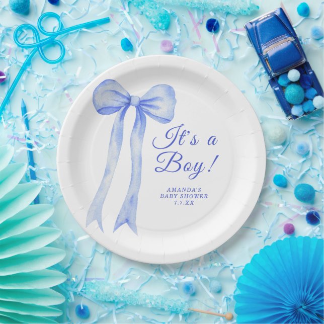 Blue a Bow It's a Boy Baby shower Paper Plate (Party)