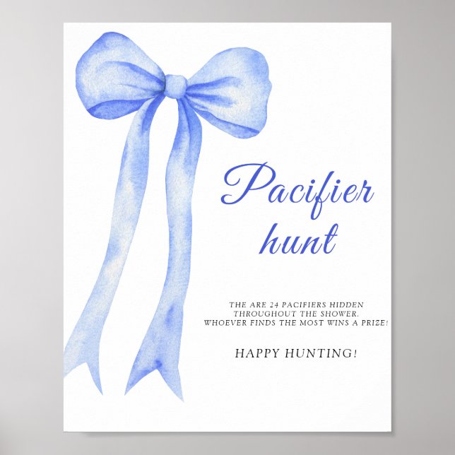 Blue a bow - pacifier hunt baby shower game poster (Front)
