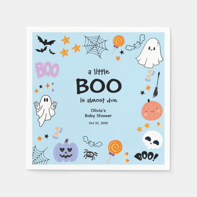 Blue A Little Boo Cute Ghost Halloween Baby Shower Napkin (Front)