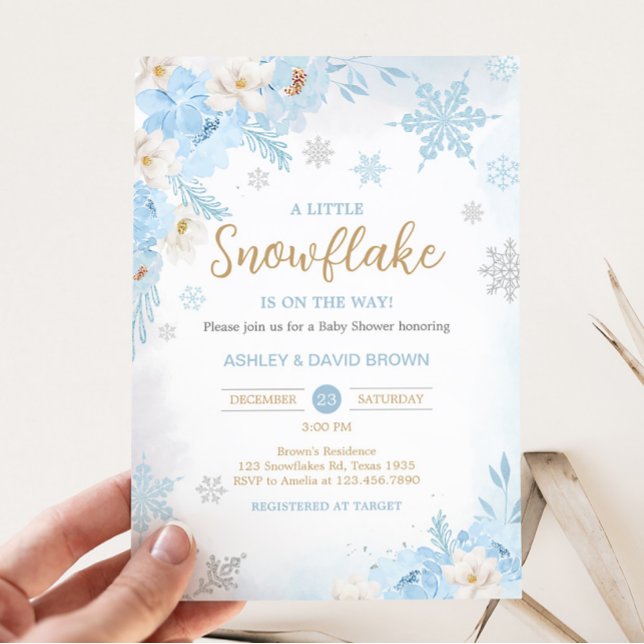 Blue A Little Snowflake Baby Shower  Invitation (Blue Winter Snowflake Baby Shower Invitation)