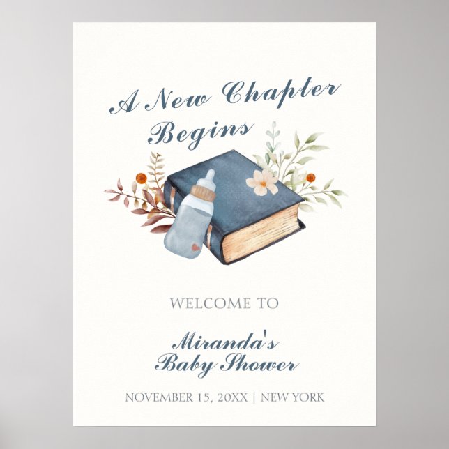 Blue A New Chapter Book Bottle Baby Shower Welcome Poster (Front)