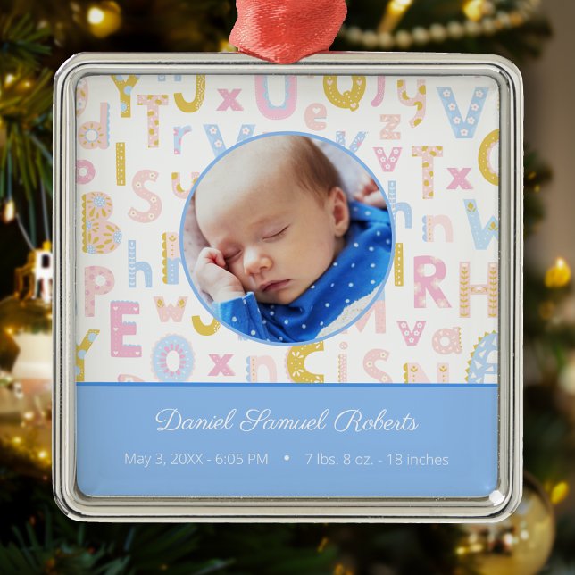 Blue ABC Birth Stat Baby Boys Photo Christmas Metal Ornament (Creator Uploaded)