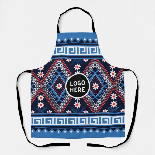 Blue Abstract Ethnic Geometric Patterns with Logo Apron (Front)