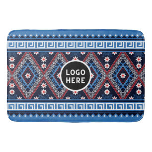 Blue Abstract Ethnic Geometric Patterns with Logo Bath Mat