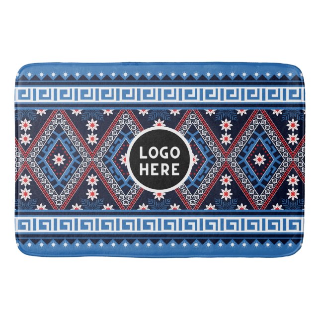 Blue Abstract Ethnic Geometric Patterns with Logo Bath Mat (Front)