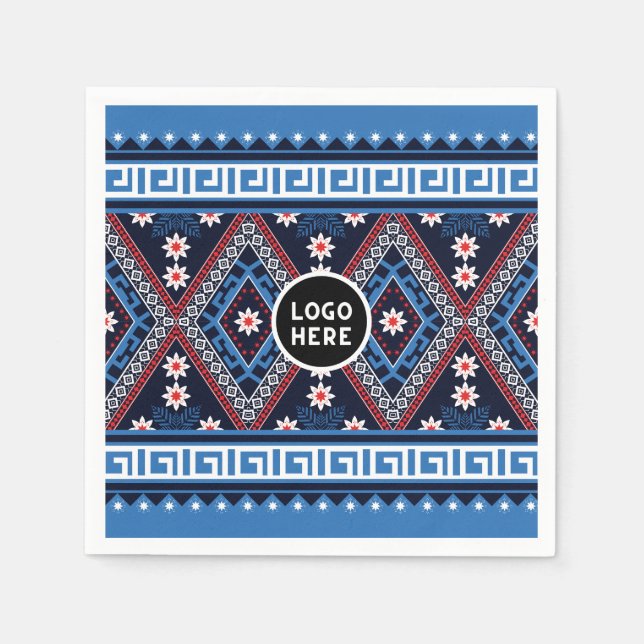 Blue Abstract Ethnic Geometric Patterns with Logo Napkin (Front)