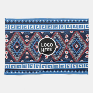 Blue Abstract Ethnic Geometric Patterns with Logo Tea Towel