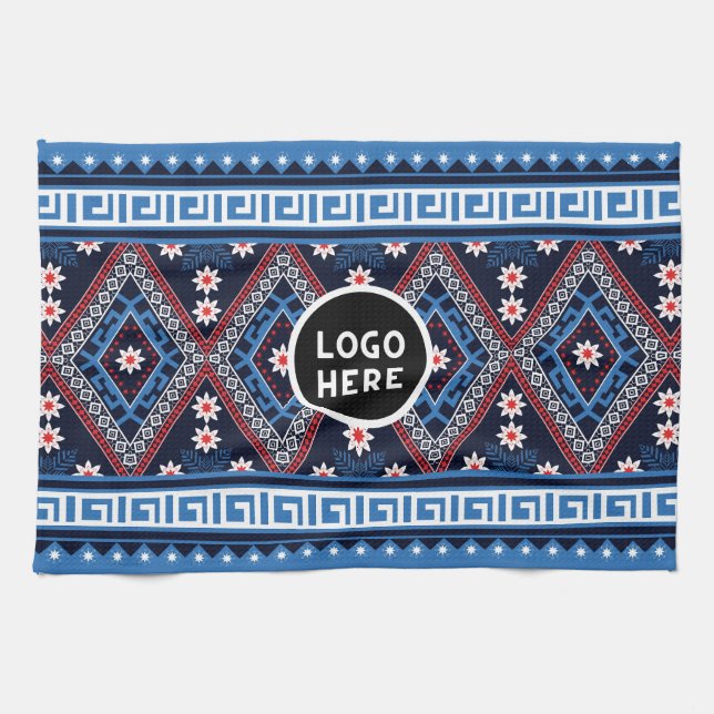 Blue Abstract Ethnic Geometric Patterns with Logo Tea Towel (Horizontal)