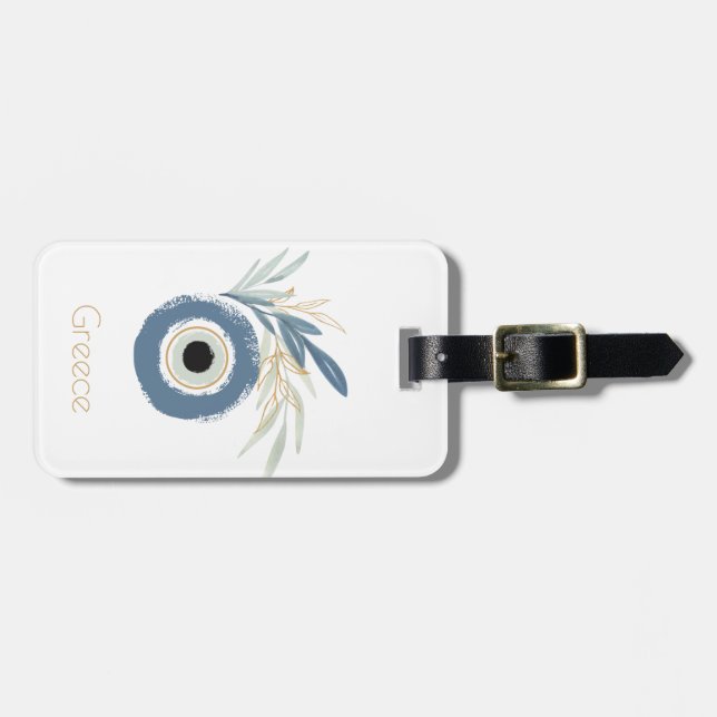 Blue abstract evil eye with leaves luggage tag (Front Horizontal)