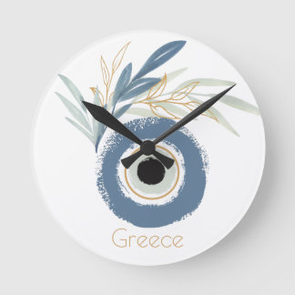 Blue abstract evil eye with leaves round clock