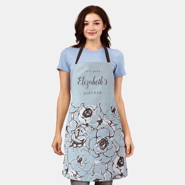 Blue abstract floral pattern personalised cooking apron (Worn)
