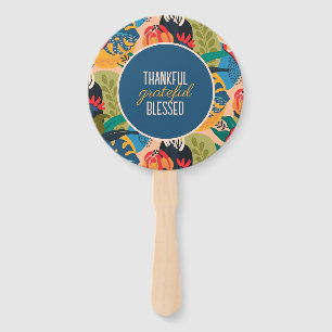 Blue Abstract Floral Thankful Grateful Blessed Hand Fan