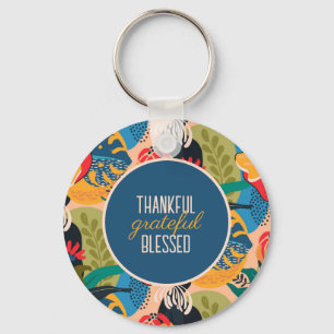 Blue Abstract Floral Thankful Grateful Blessed Key Ring
