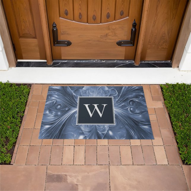 Blue Abstract Flourish Monogram Doormat (Outdoor)