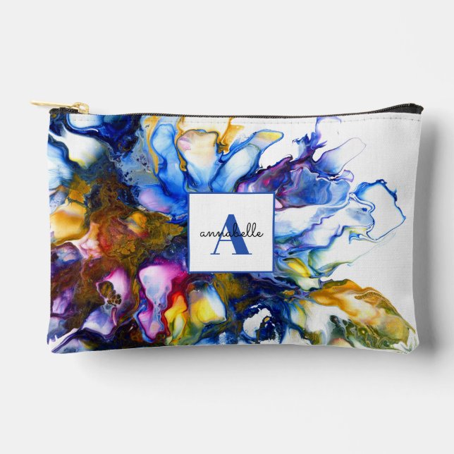 Blue Abstract Fluid Art Agate Name Accessory Pouch (Front)