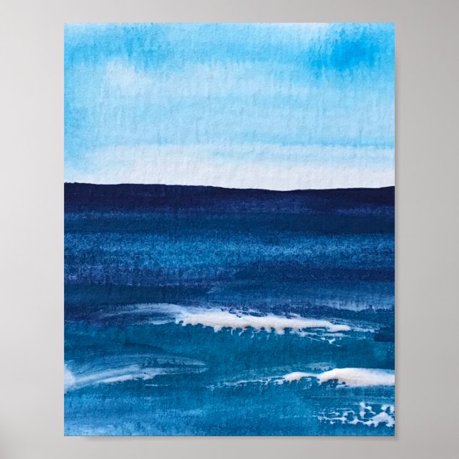 Blue abstract Fun Watercolor Art Waves Unique Poster (Front)
