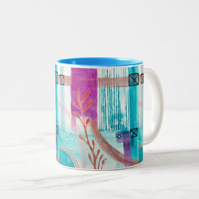 Blue Abstract Geometric Bright Pink Red Two-Tone Coffee Mug (Front Right)