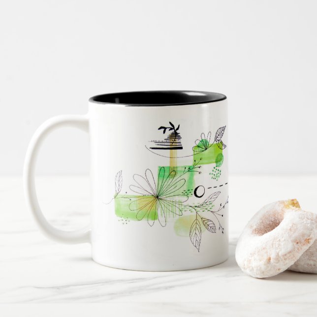 Blue Abstract Geometric Green Black Two-Tone Coffee Mug (With Donut)