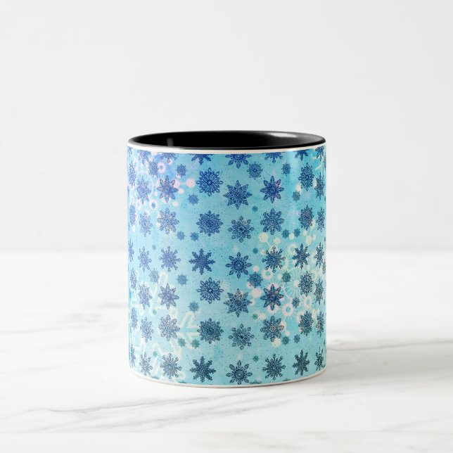 Blue Abstract Geometric Snowflakes Blue Green Two-Tone Coffee Mug (Center)