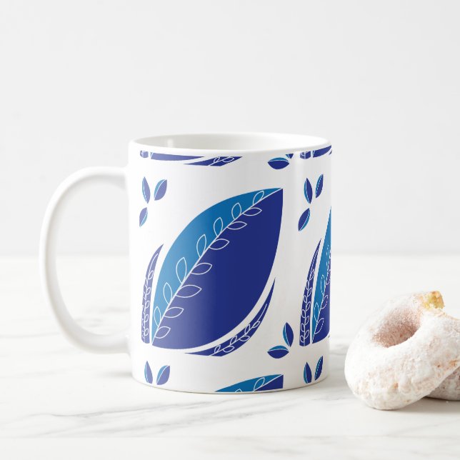 Blue Abstract Leaf Pattern Coffee Mug (With Donut)