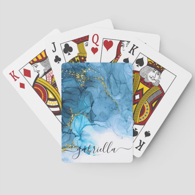 Blue Abstract Marble Playing Cards (Back)